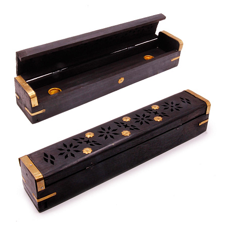 Подставка под благовония НЕКОНДИЦИЯ Пенал Черный из дерева Шишам с резьбой 30cм-5,5cм-5.5cм HM-CB-55