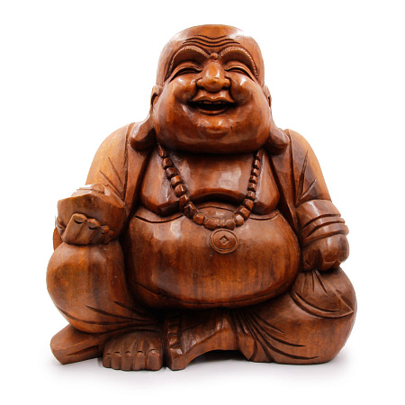 Сувенир из дерева Хотей с золотым слитком - оберег на роскошь и богатство 40см