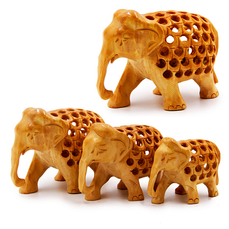 Статуэтки из дерева Набор Слоников 3 в 1 GEETA-25 8см 6см 5см Священное Дерево Кадамба