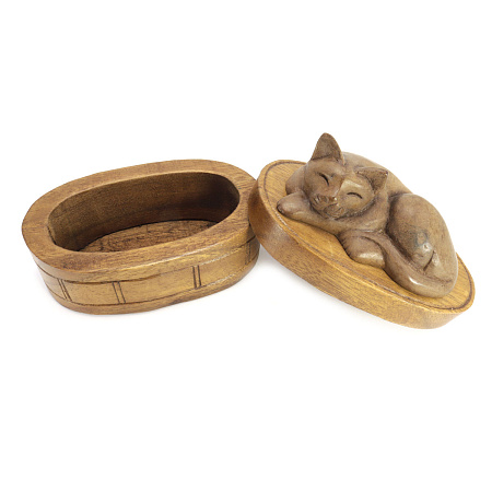 Шкатулка с котиком 10см-13см из ценных пород дерева Тик