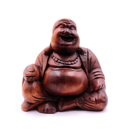 Сувенир из дерева Хотей с золотым слитком - оберег на роскошь и богатство 21см-19,5см