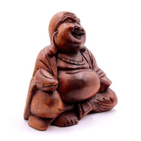 Сувенир из дерева Хотей с золотым слитком - оберег на роскошь и богатство 21см-19,5см