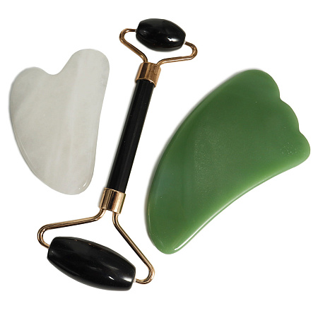 Роликовый массажер и скребоки Черный агат, Горный хрусталь и Нефрит набор для омолаживания лица