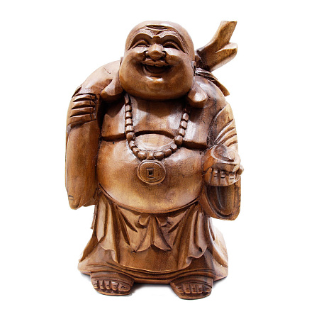 Сувенир из дерева RAT2017-30 Скульптура Хотей с мешком и слитком золота 30см Суар