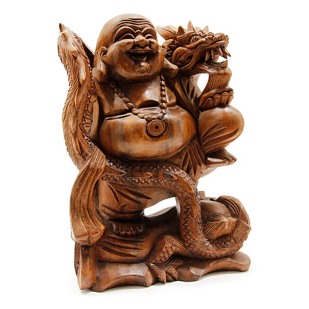 Сувенир из дерева Хотей с Драконом на мешке 30см Процветание и защита