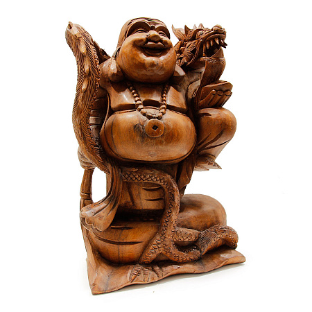 Сувенир из дерева Хотей с Драконом на мешке 40см Процветание и защита