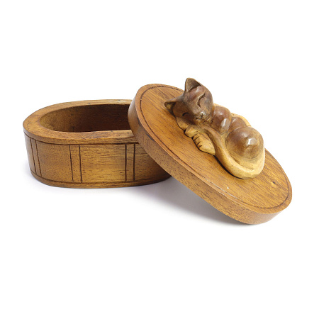 Шкатулка с Котиком 9см-12,5см из ценных пород дерева Тик