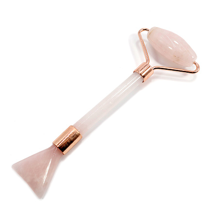 Роликовый массажер с лопаткой из натур камня Розовый кварц 
